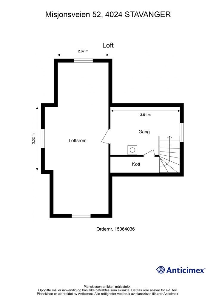 Loft: 
Loftsetasjen består av gang og et innredet loftsrom.