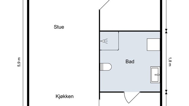 Arealeffektiv planløsning på 43 m² som rommer entré, bad, soverom og stue med åpent kjøkken.