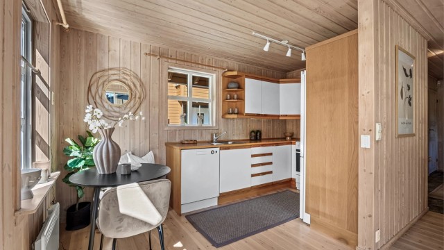 Boligen har delvis åpen kjøkken- og stueløsning, men allikevel skjermet fra stuen så oppvasken kan stå på benken.