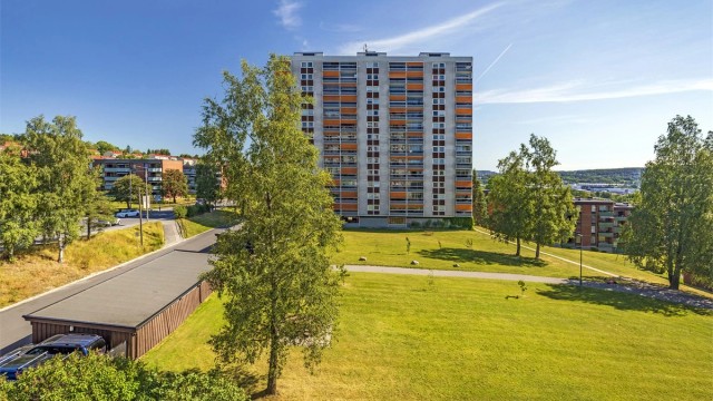 Fra leiligheten har du fin utsikt over borettslagets grønne fellesområder