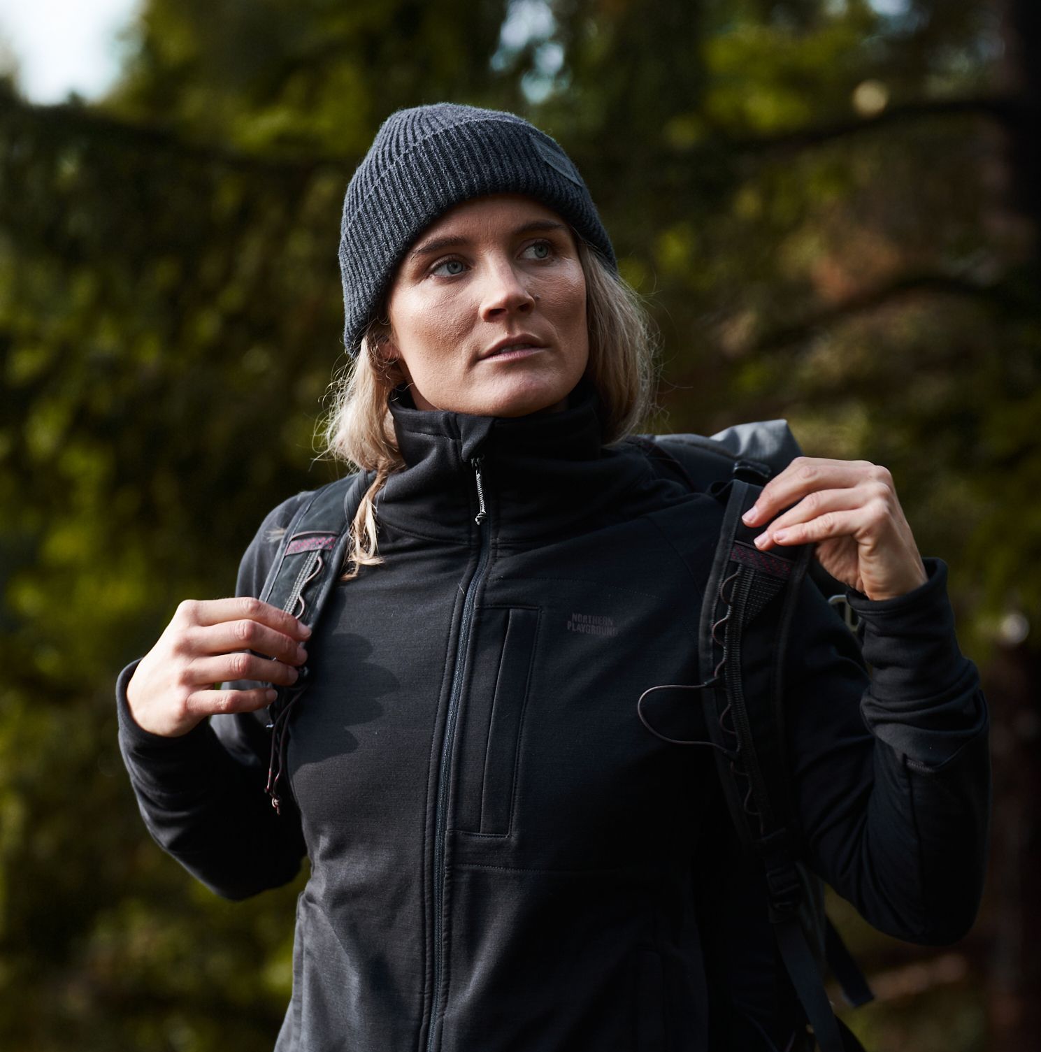 Image of a woman wearing "The Wool Fleece Jacket"