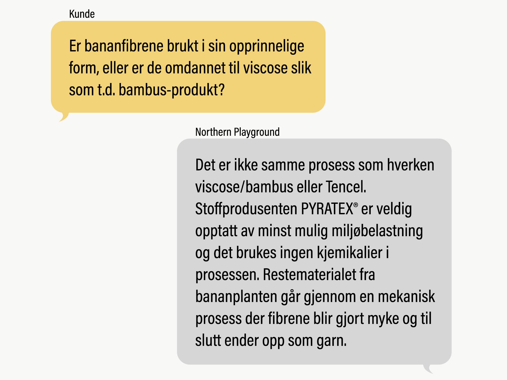 kunde spør om bananfiber og Northern Playground svarer