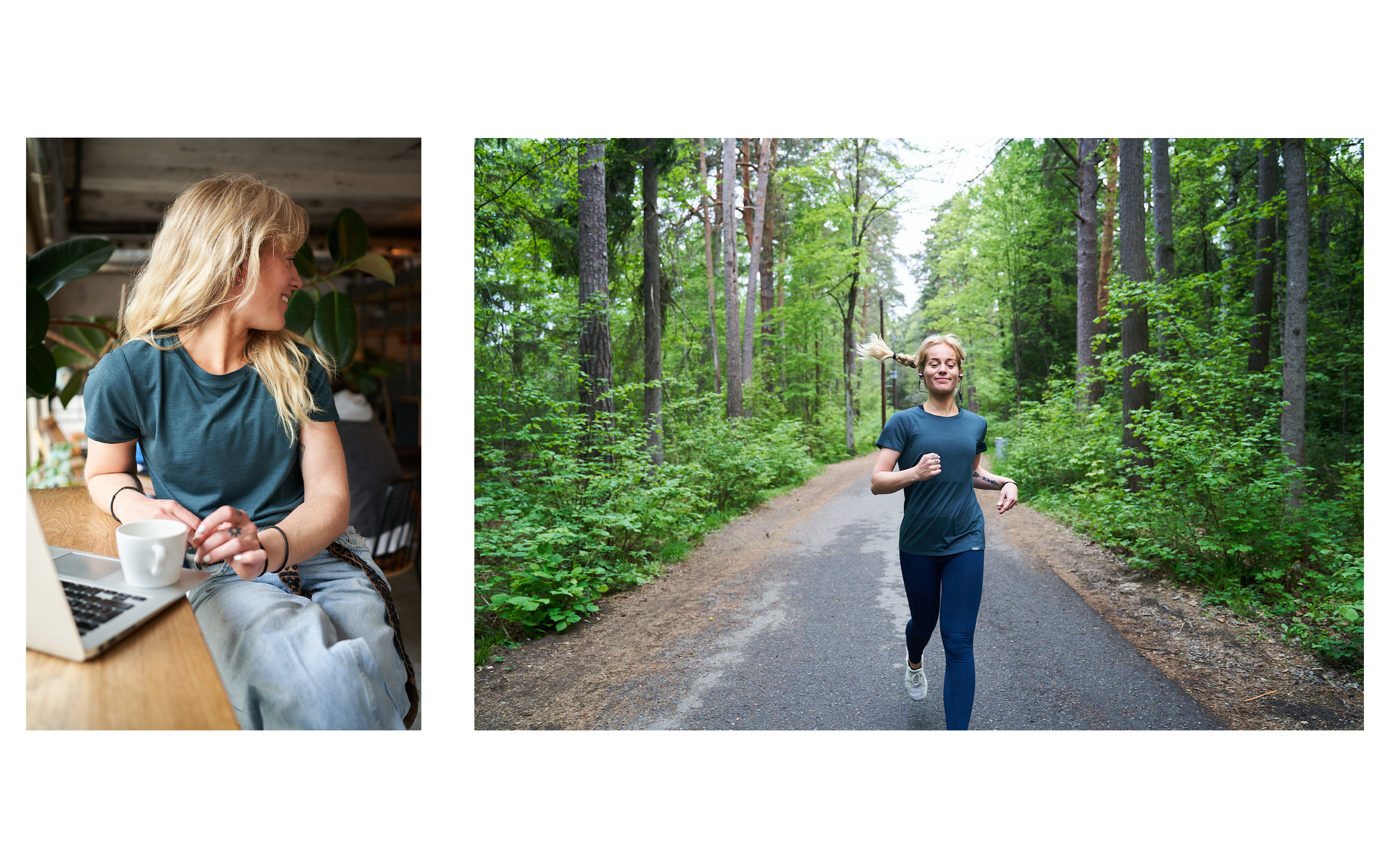 Two photos of a woman in a green t-shirt. One shows her in front of a computer, and the other shows her jogging.