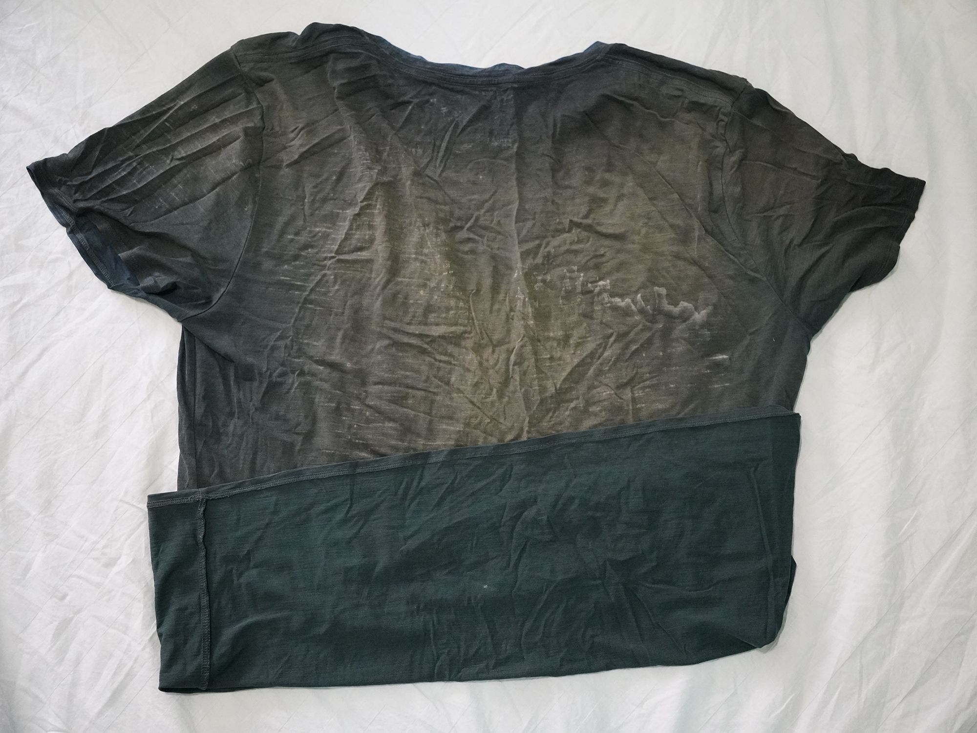 After long and many days in the scorching sun, the t-shirt becomes discolored by the UV rays.