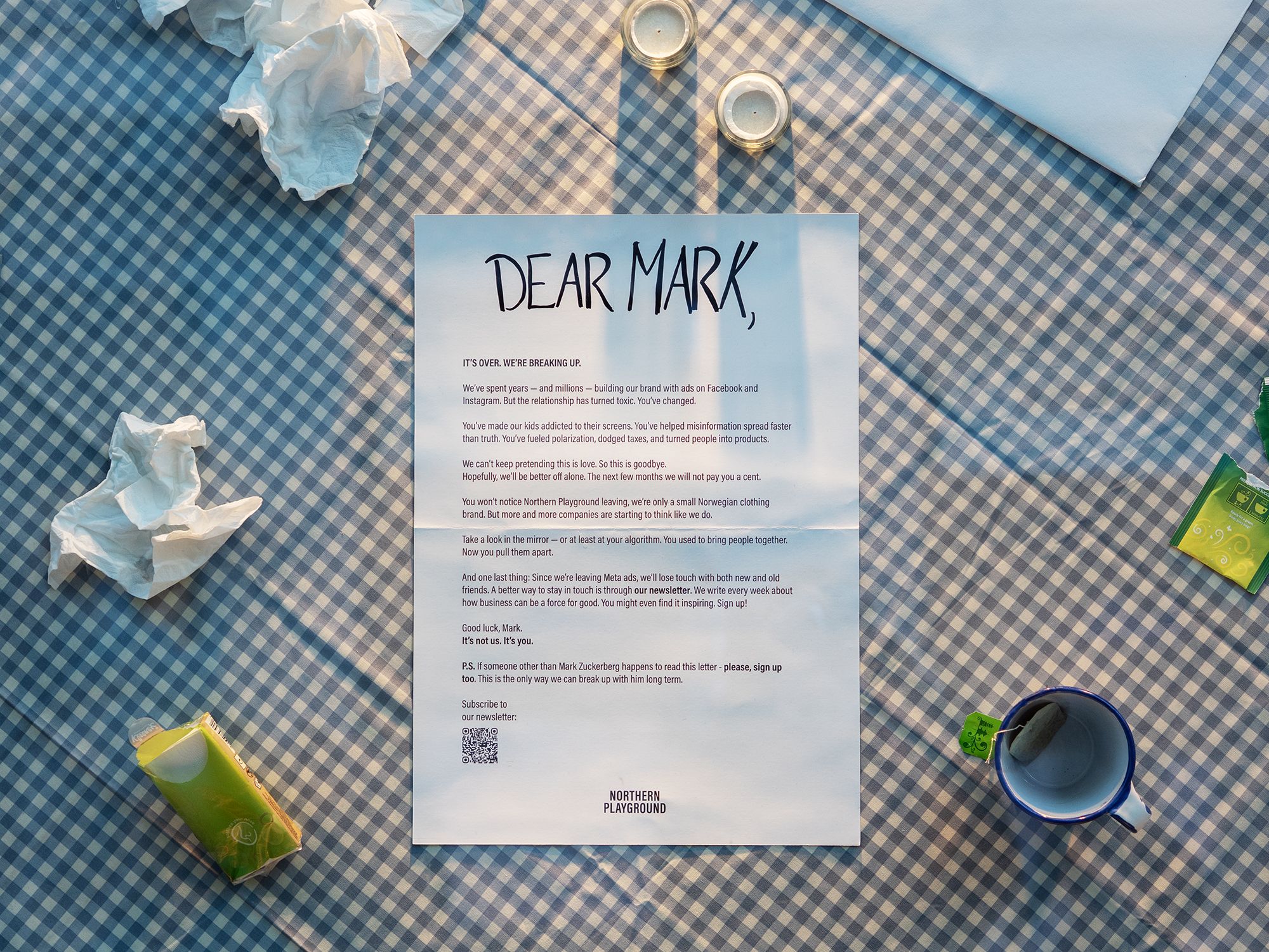 Bilde av brev til mark zuckerberg som sier at northern playground slutter å sende penger til big tech