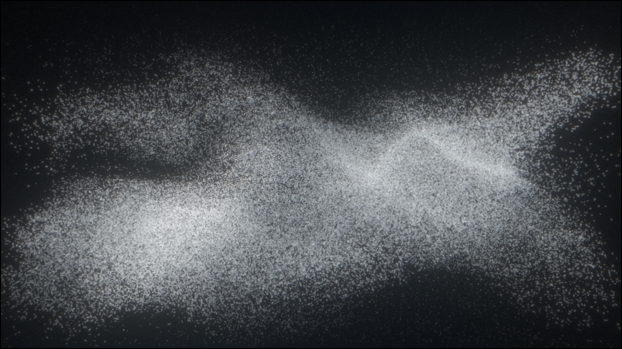 A wave of white particles on black.