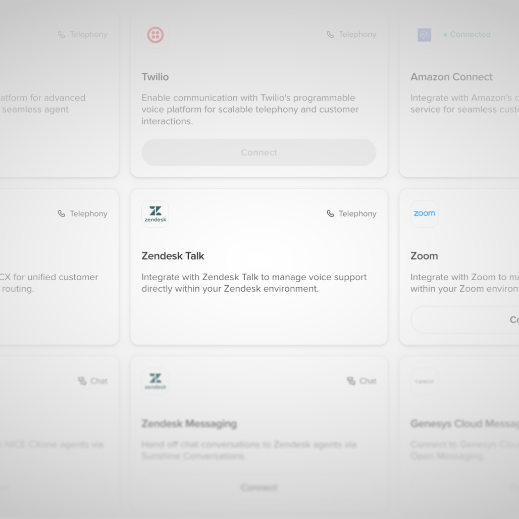 A grid of integrations, among them Twilio, Amazon Connect, Zendesk Talk, Zoom and Zendesk Messaging.