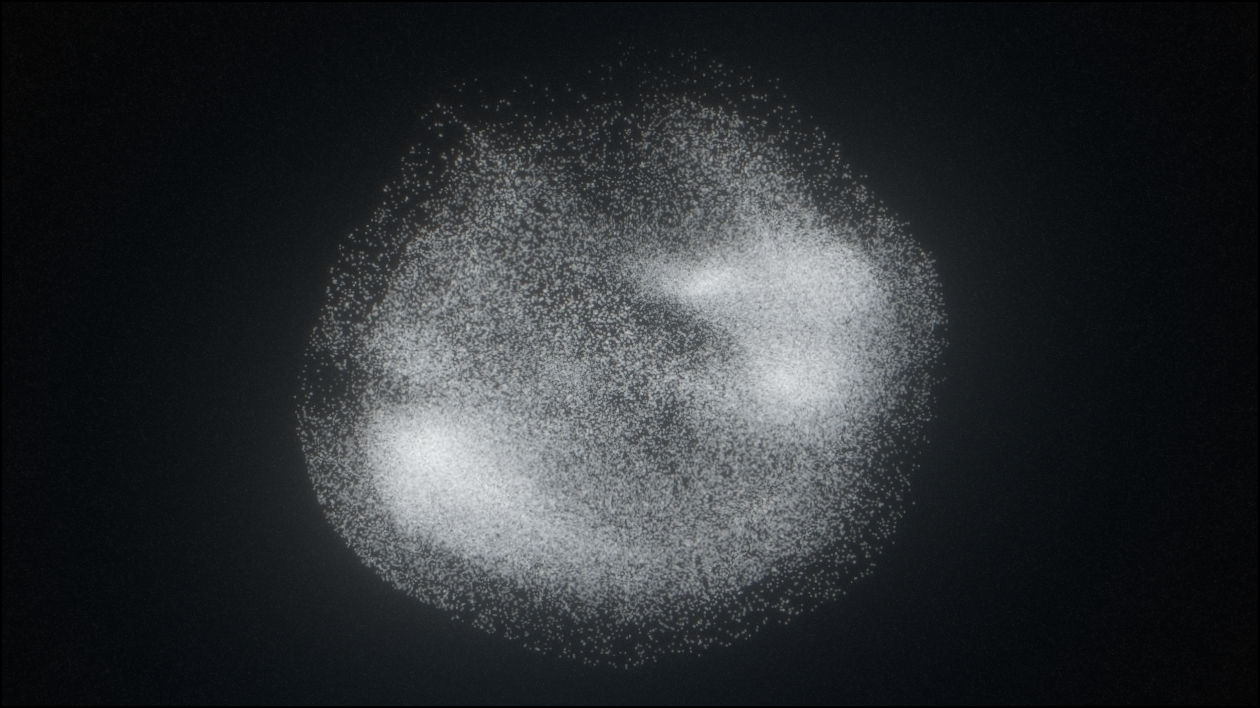A sphere of white particles on black.