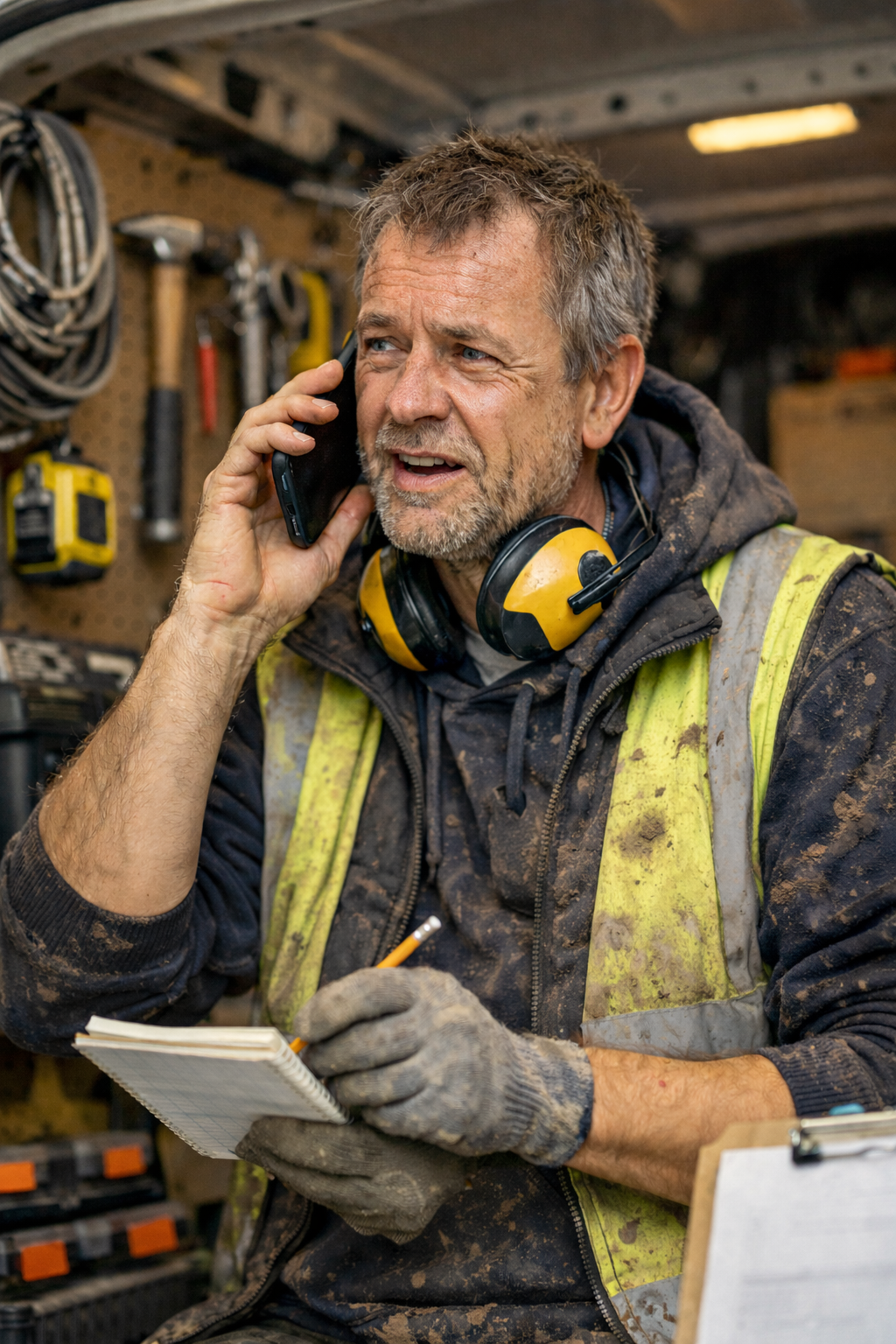 Tradesman Answering Call In Garage