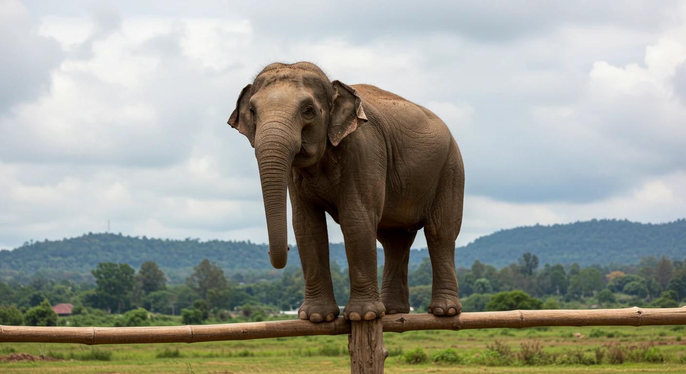 An elephant on a narrow fence