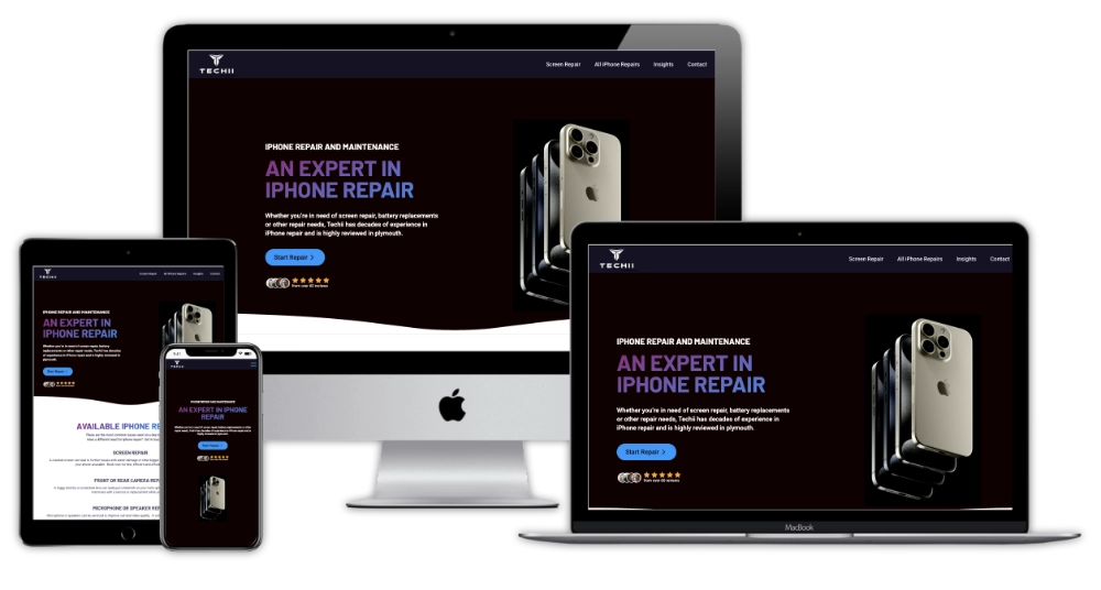 Techii iPhone repair website shown on a laptop and phone