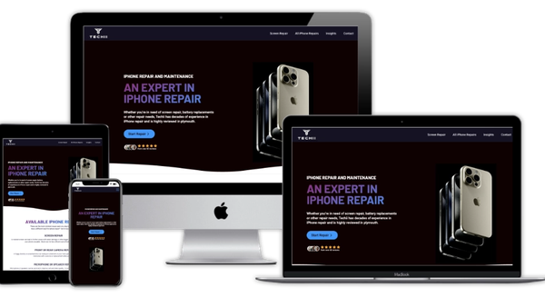 Techii iPhone repair website shown on a laptop and phone
