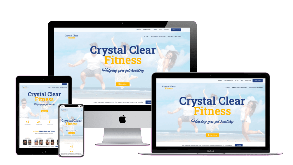 Crystal Clear Fitness personal training website shown across devices