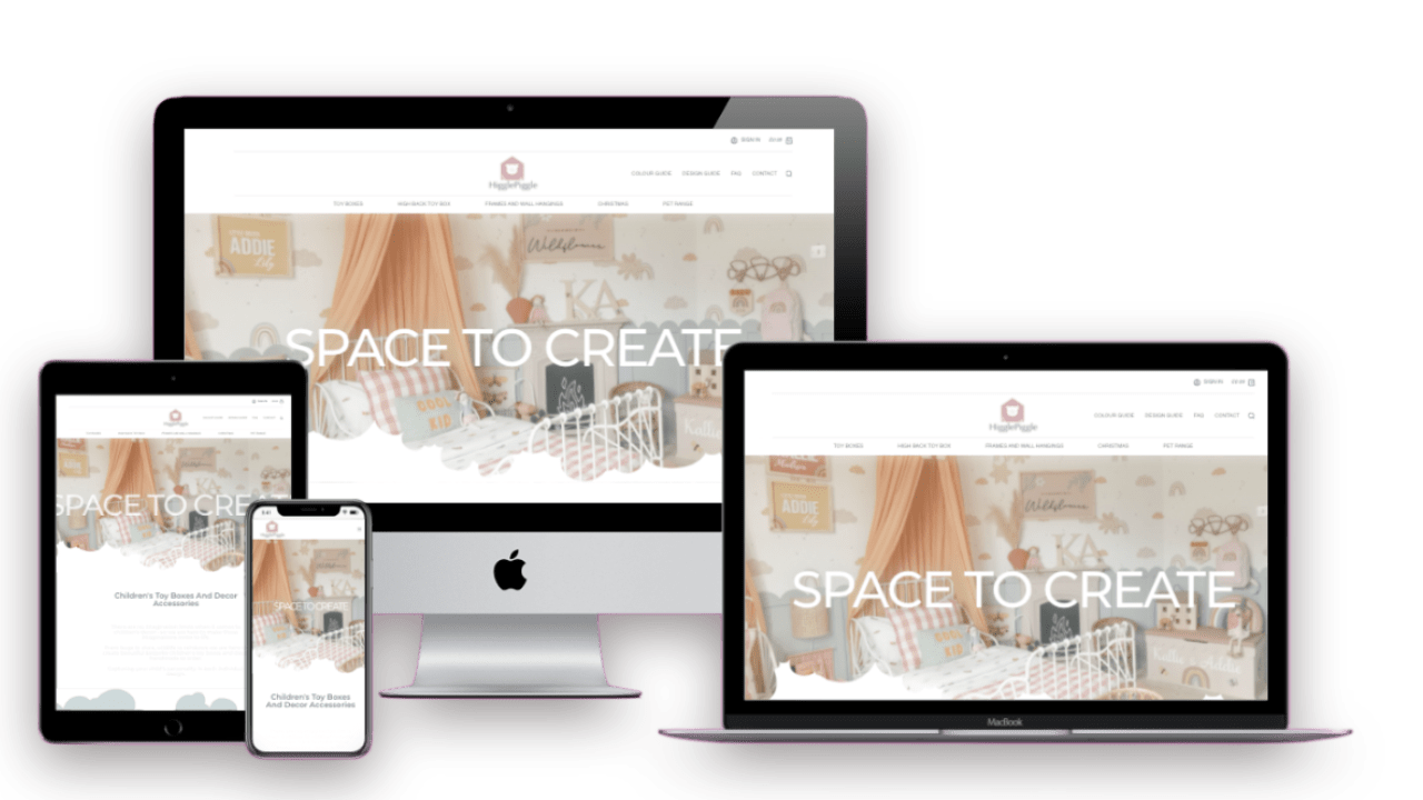 HigglePiggle custom children’s furniture ecommerce site shown across devices