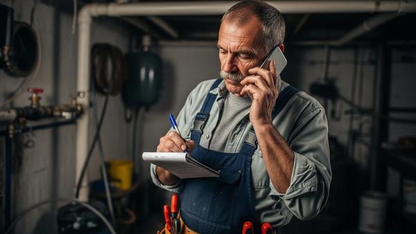 a plumber taking a phone call from a new lead