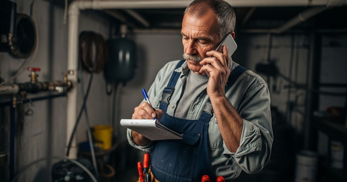 a plumber taking a phone call from a new lead