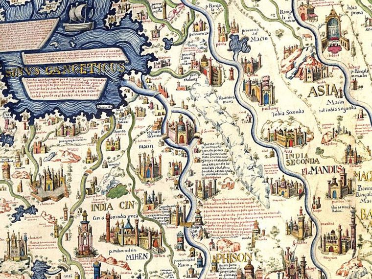 Southeast Asian mainland with the cities of Scierno, Pochang and Ava identified as Ayutthaya in Thailand, and Bagan and Inwa in Myanmar