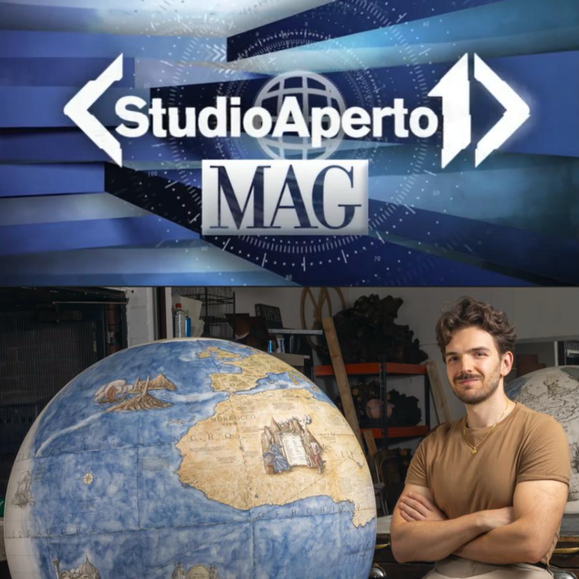 talian artist and globe maker Leonardo Frigo in his London studio with a handmade terrestrial globe, featured on Studio Aperto MAG on Italia 1.