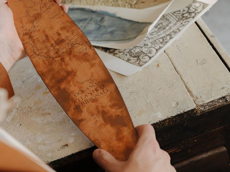 Copper plate printing used in creating handmade luxury globes.