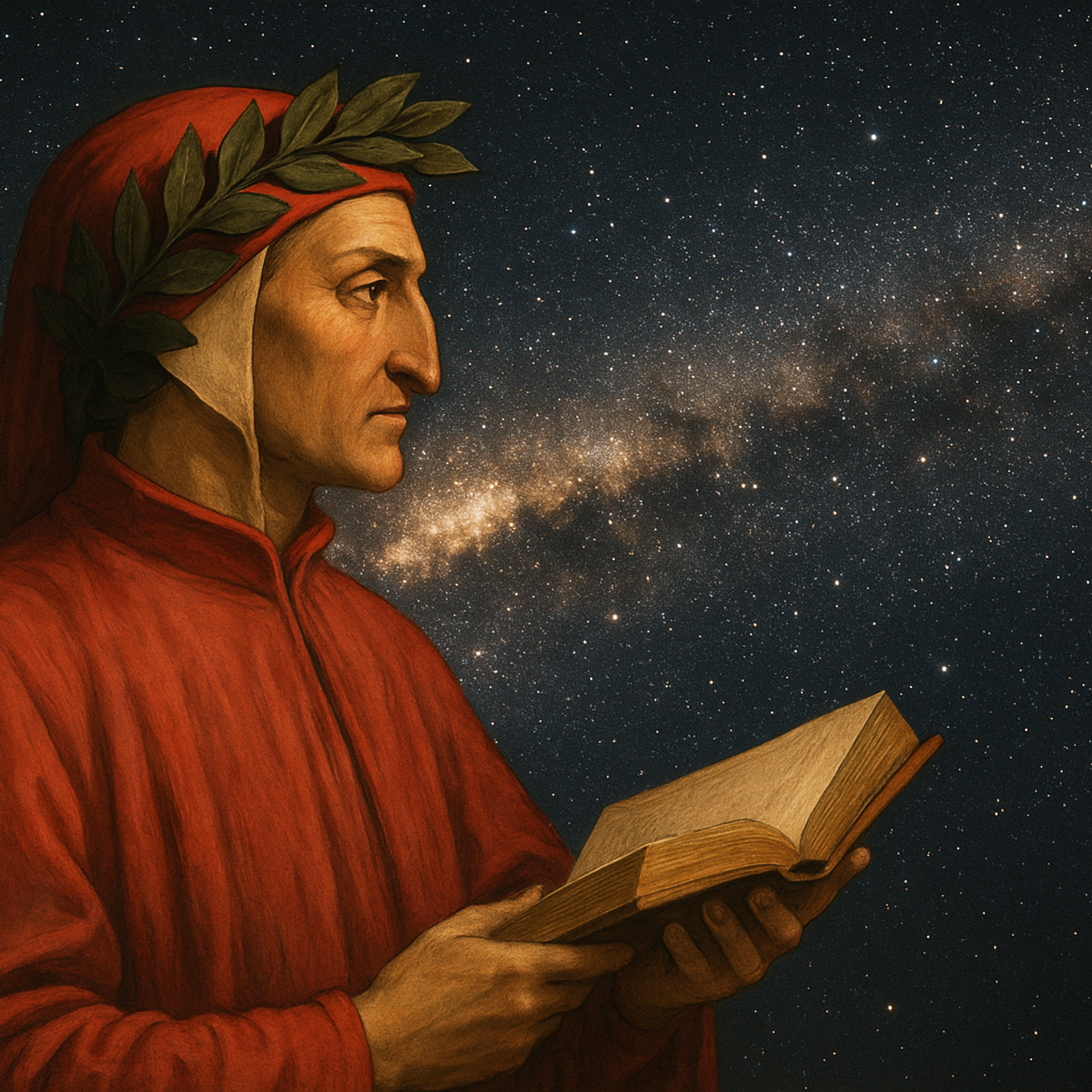 Portrait of Dante Alighieri in a red robe and laurel crown, holding an open book, set against a star-filled night sky with the Milky Way clearly visible behind him.
