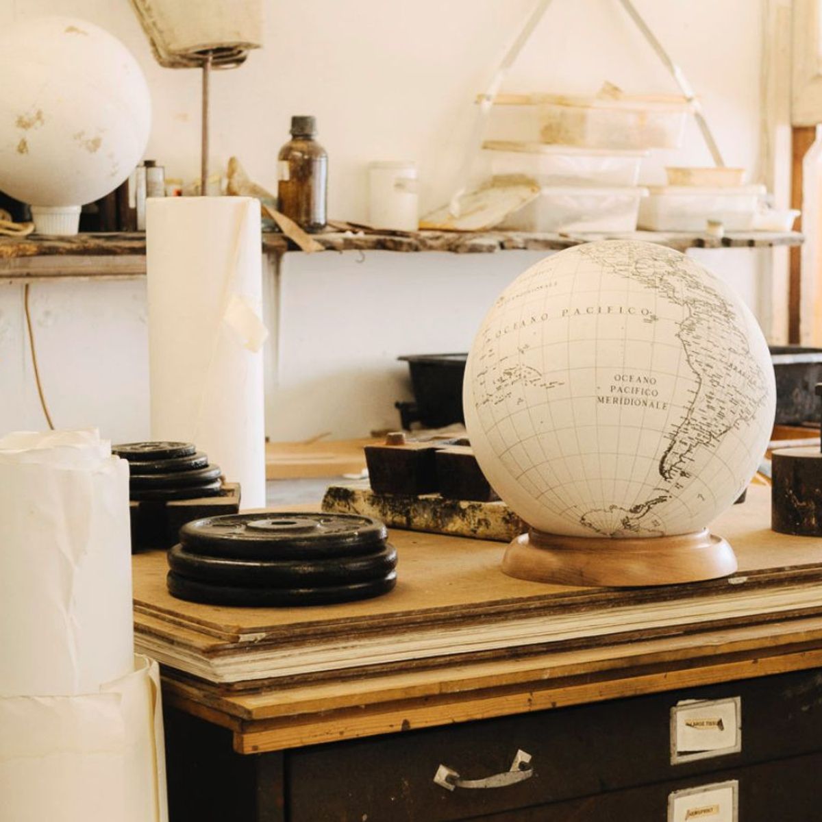 Partially completed handmade globe by Leonardo Frigo