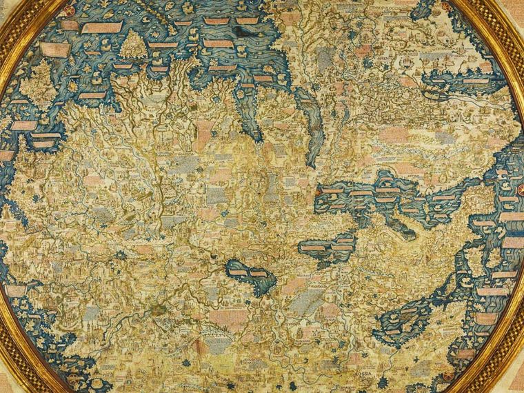 Distant perspective on the Fra Mauro World Map depicting lands, seas, and cultural narratives