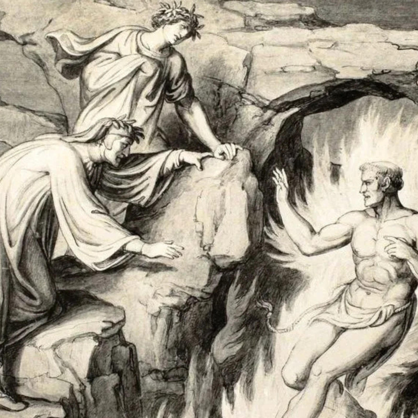 Illustration of Dante and Virgil encountering Ulysses and Diomedes engulfed in a split flame in the eighth circle of Hell, from Inferno Canto XXVI.