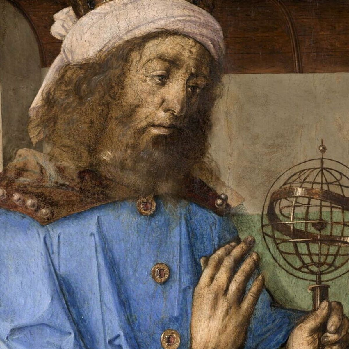 Ptolemy with a armillary sphere model - 1476 Painting by Joos van Ghent and Pedro Berruguete