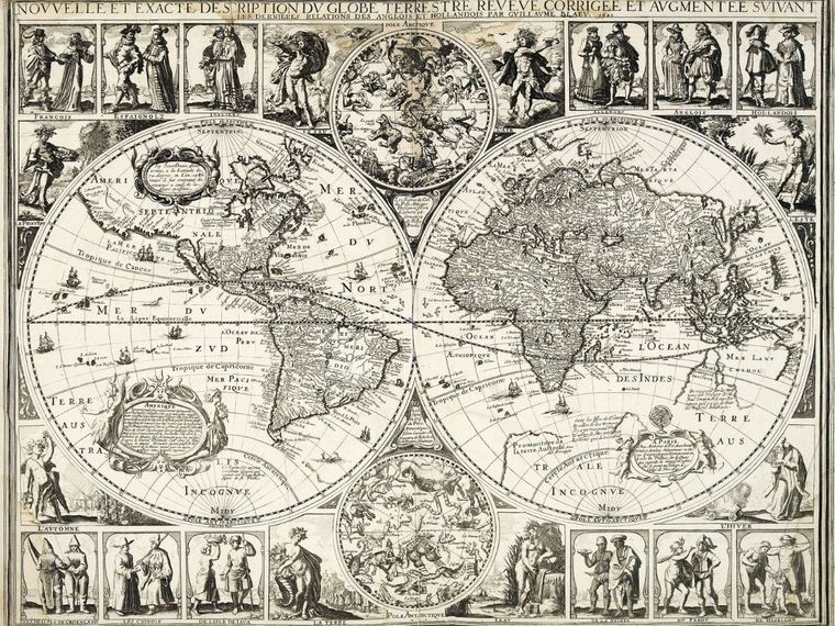 World map by Antoine de Fer, featuring side panels with allegorical figures representing the four seasons