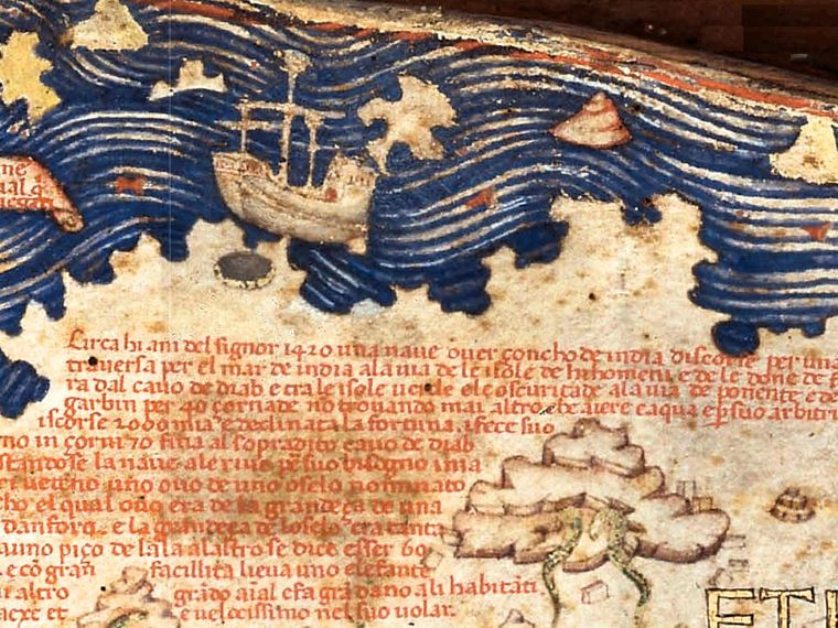 Detail of the Fra Mauro Map relating the travels of a junk beyond the tip of Africa in 1420