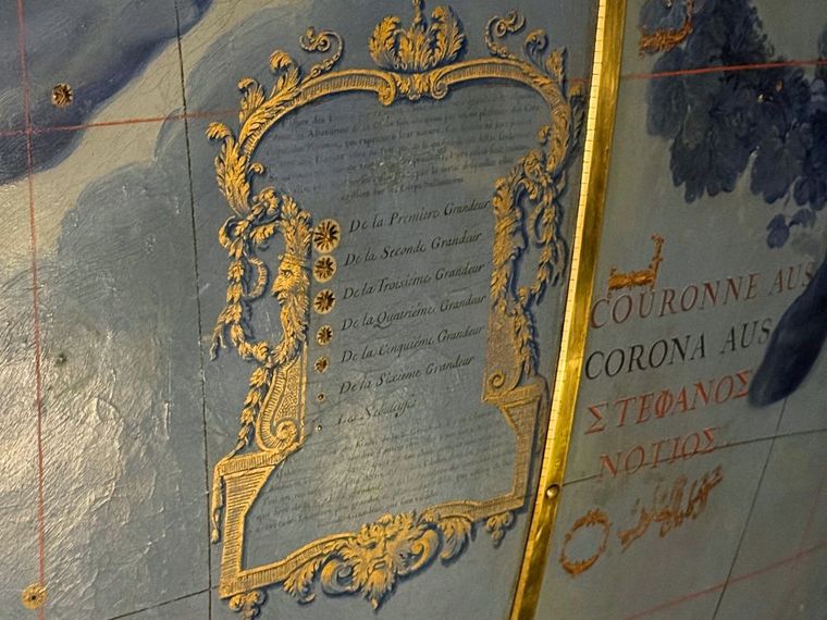 Detailed view of the terrestrial globe showcasing decorative elements