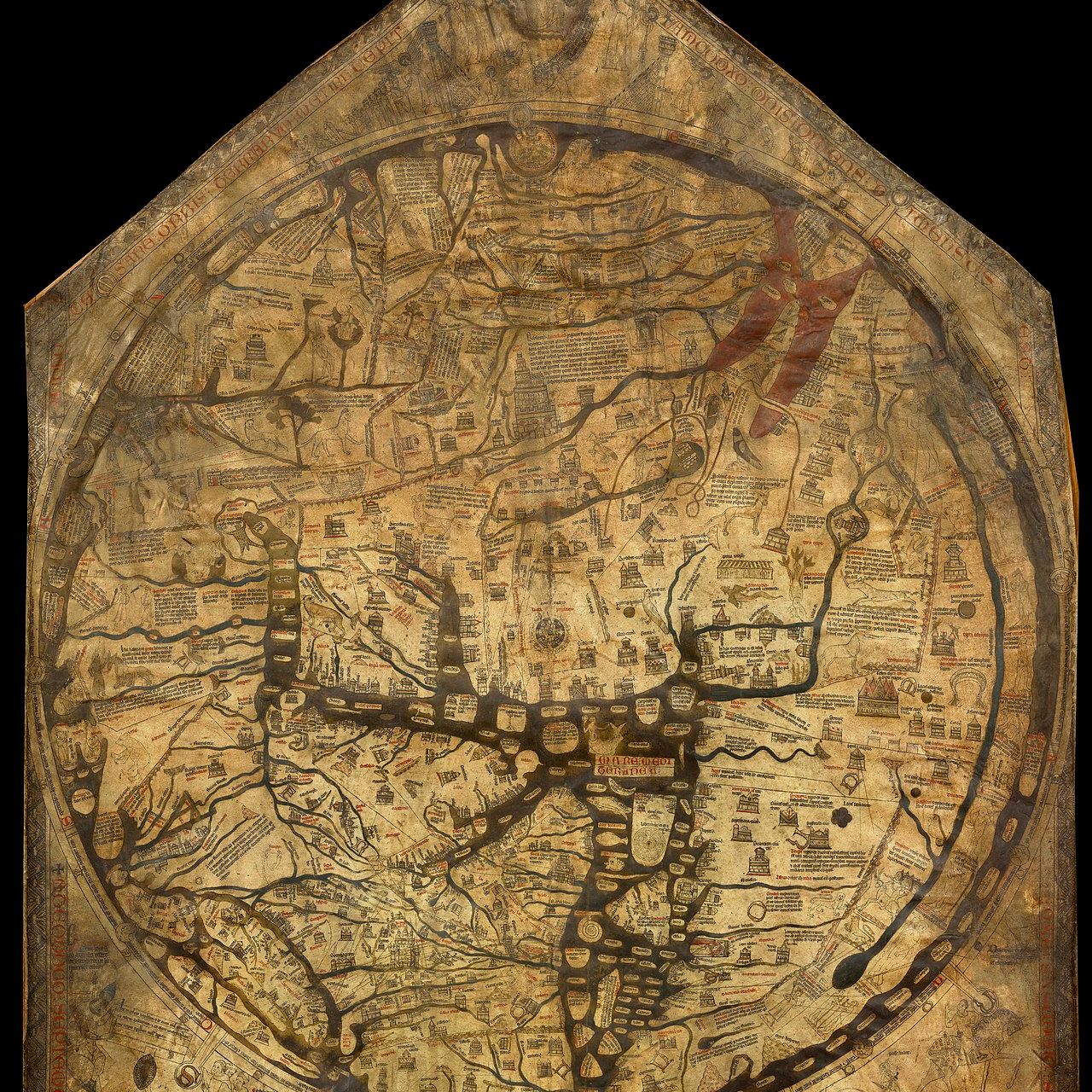 Hereford Mappa Mundi – 13th-century medieval world map showing a symbolic, religious, and mythological view of the world on vellum parchment.