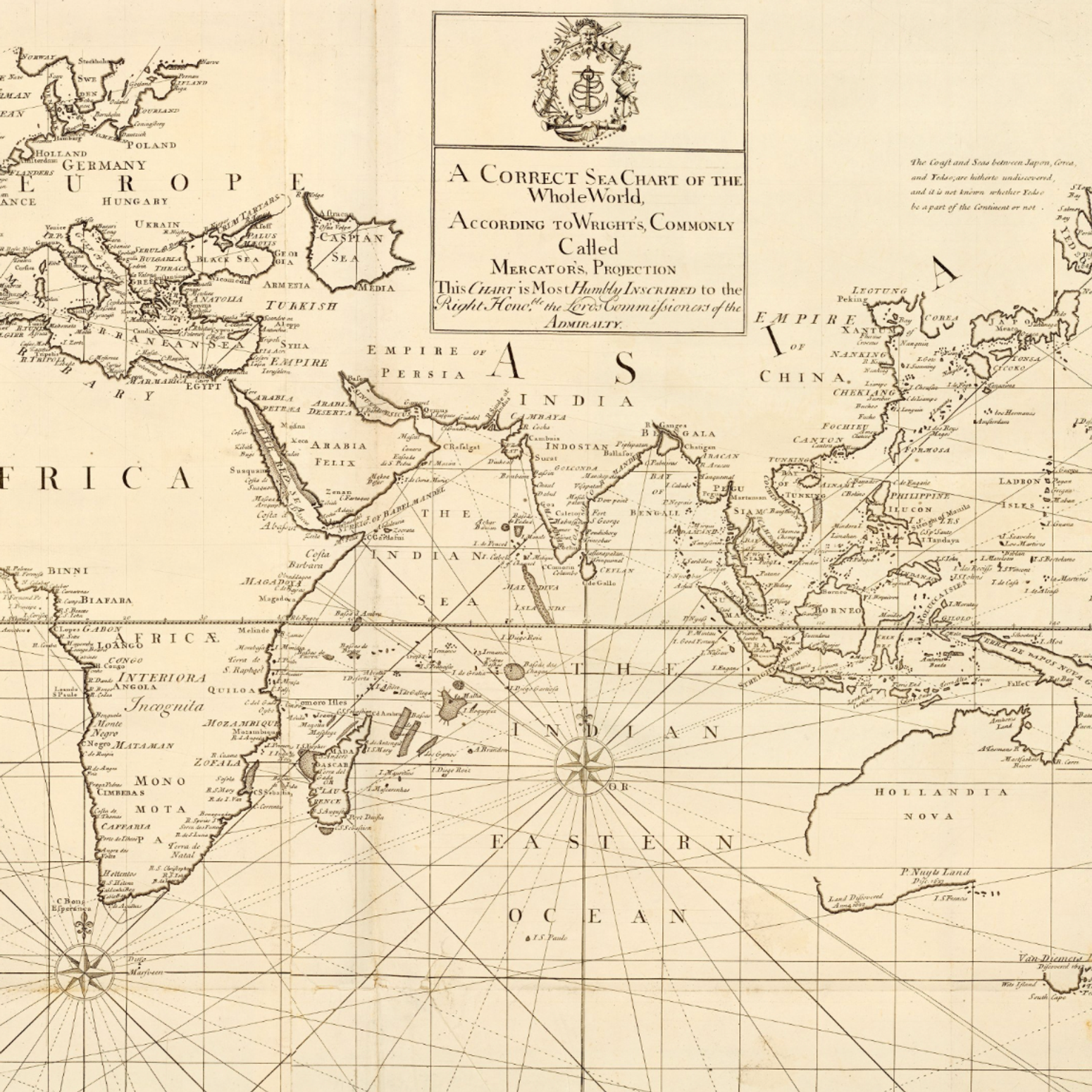 Antique Mercator projection sea chart of the world showing Europe, Africa, and Asia, illustrating colonial-era navigation routes and the Eurocentric orientation of traditional world maps