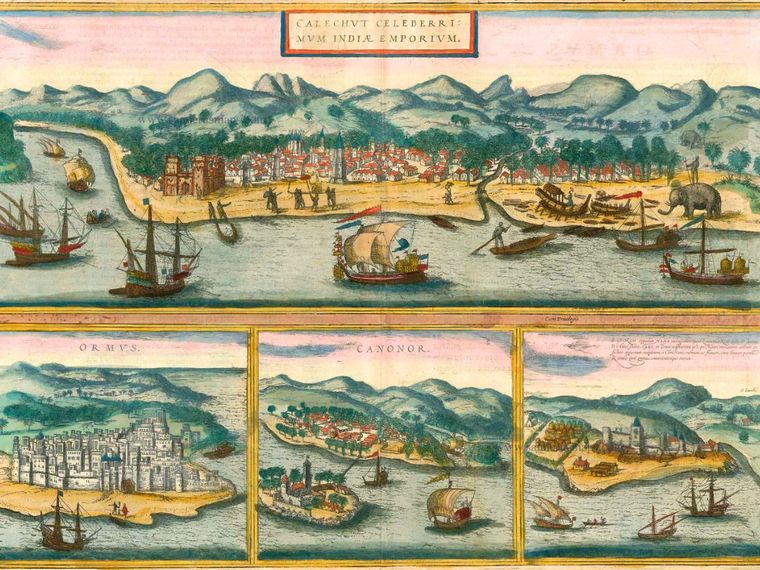 Kozhikode (Calicut), Hormuz (Ormus), Kannur, Elmina by Georg Braun & Frans Hogenberg