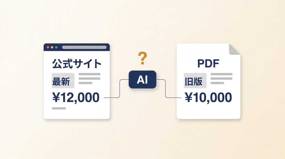 公式サイトの最新料金12,000円と旧版PDFの10,000円をAIが比較する、架空の料金不一致のイラスト