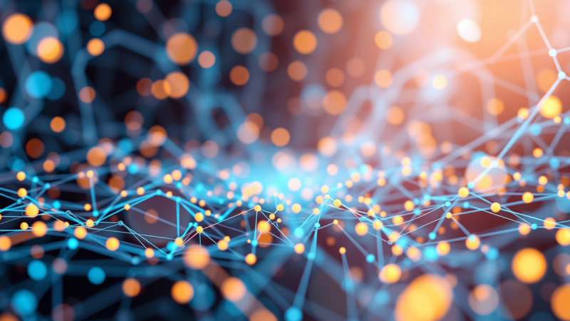 Digital network of glowing connected nodes.