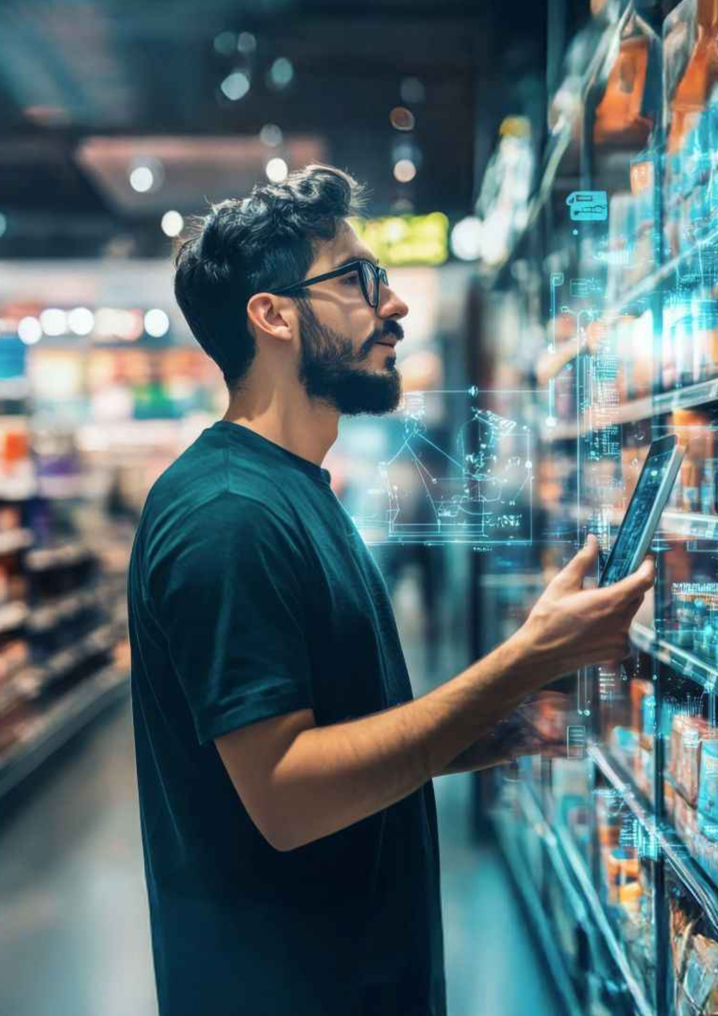 Man using a phone to check digital product info in a store.
