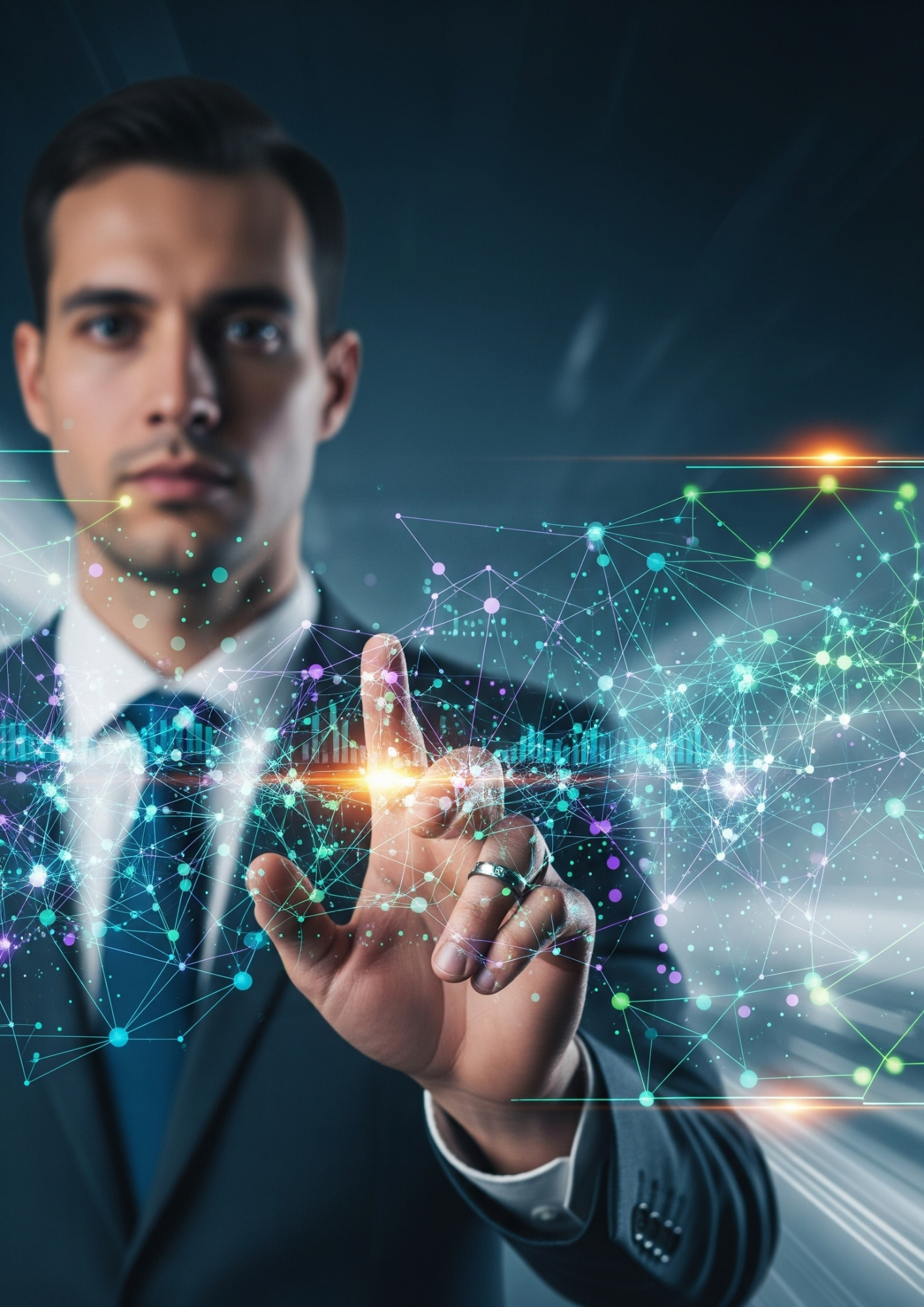 Man interacting with a digital network interface to show advanced tech innovation.