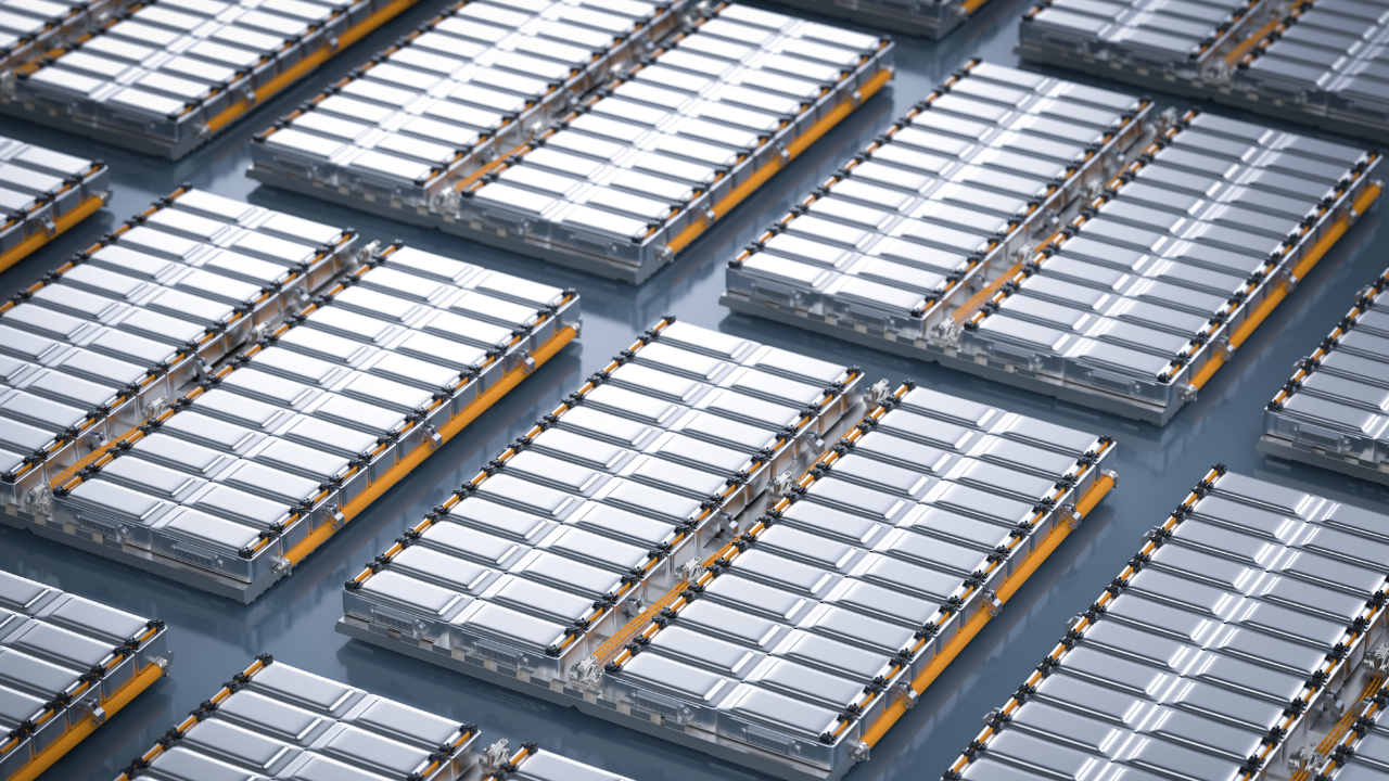 Lithium-ion battery cells arranged in rows.