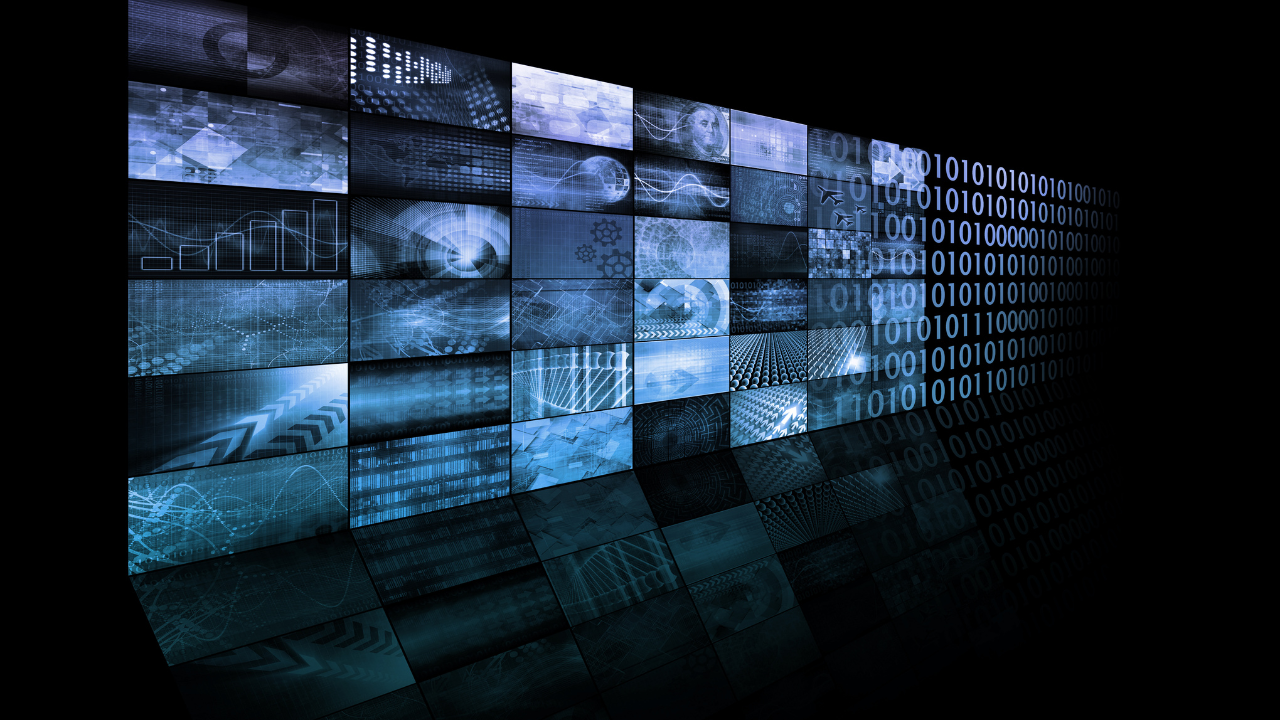 Digital wall of data screens with binary code.