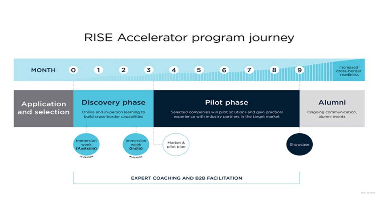 RISE Accelerator timeline showing phases from discovery to pilot and alumni.