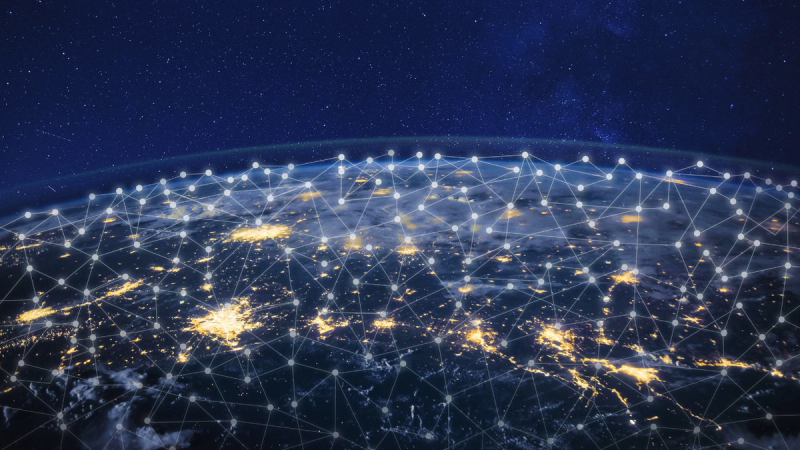 Global map with a connected digital network overlay.