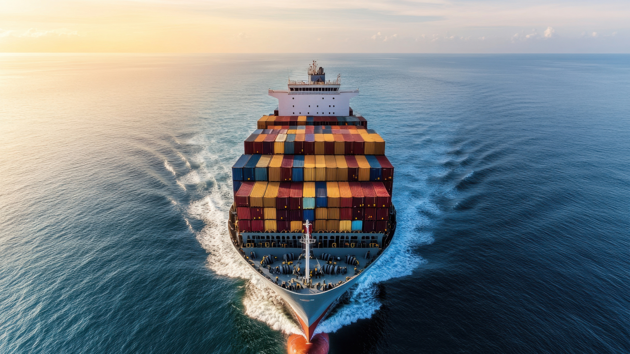 Cargo ship carrying stacked containers moving through open ocean.