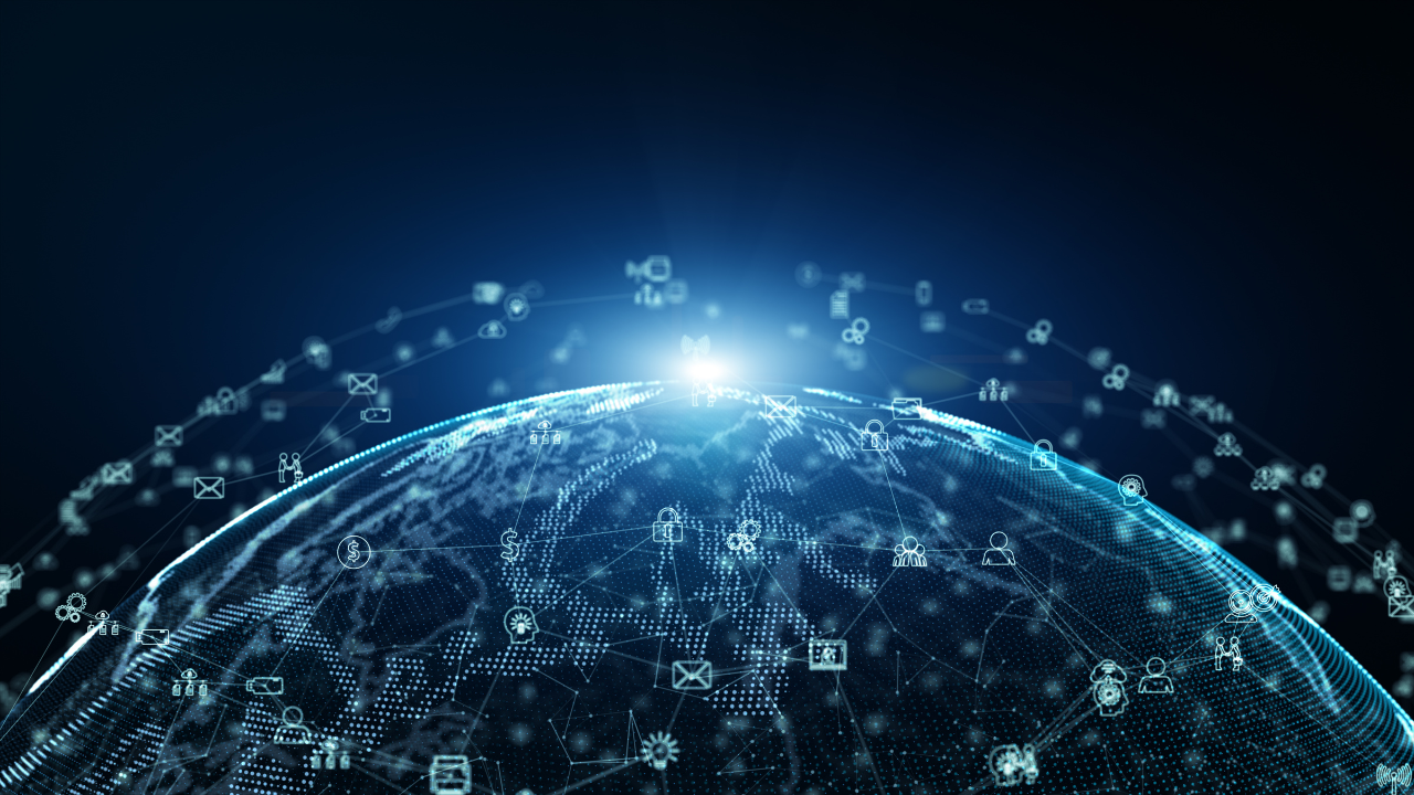 Digital globe with connected tech icons.