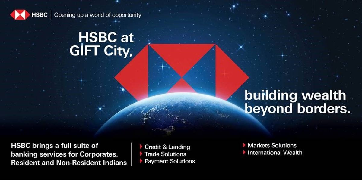 HSBC promotional visual showing global banking services at GIFT City.