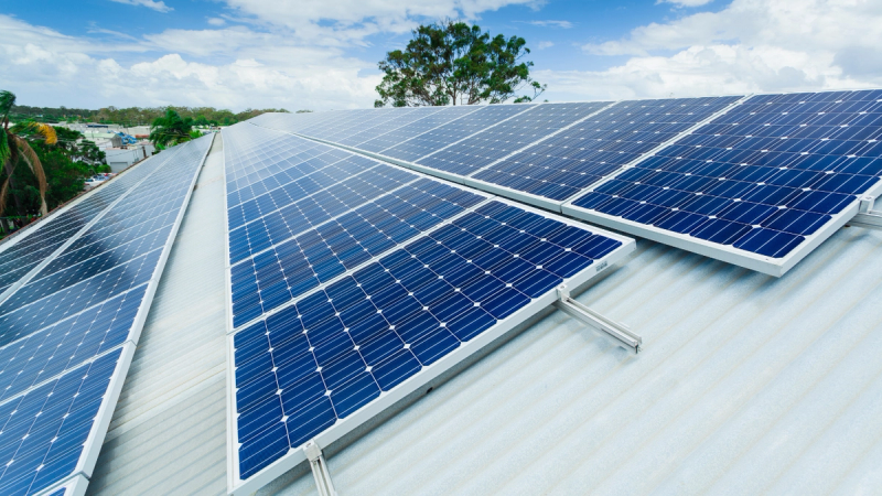 Rooftop solar panels on a metal roof
