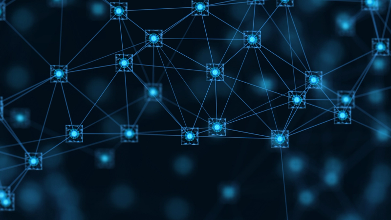 Blue digital nodes connected in a network pattern.