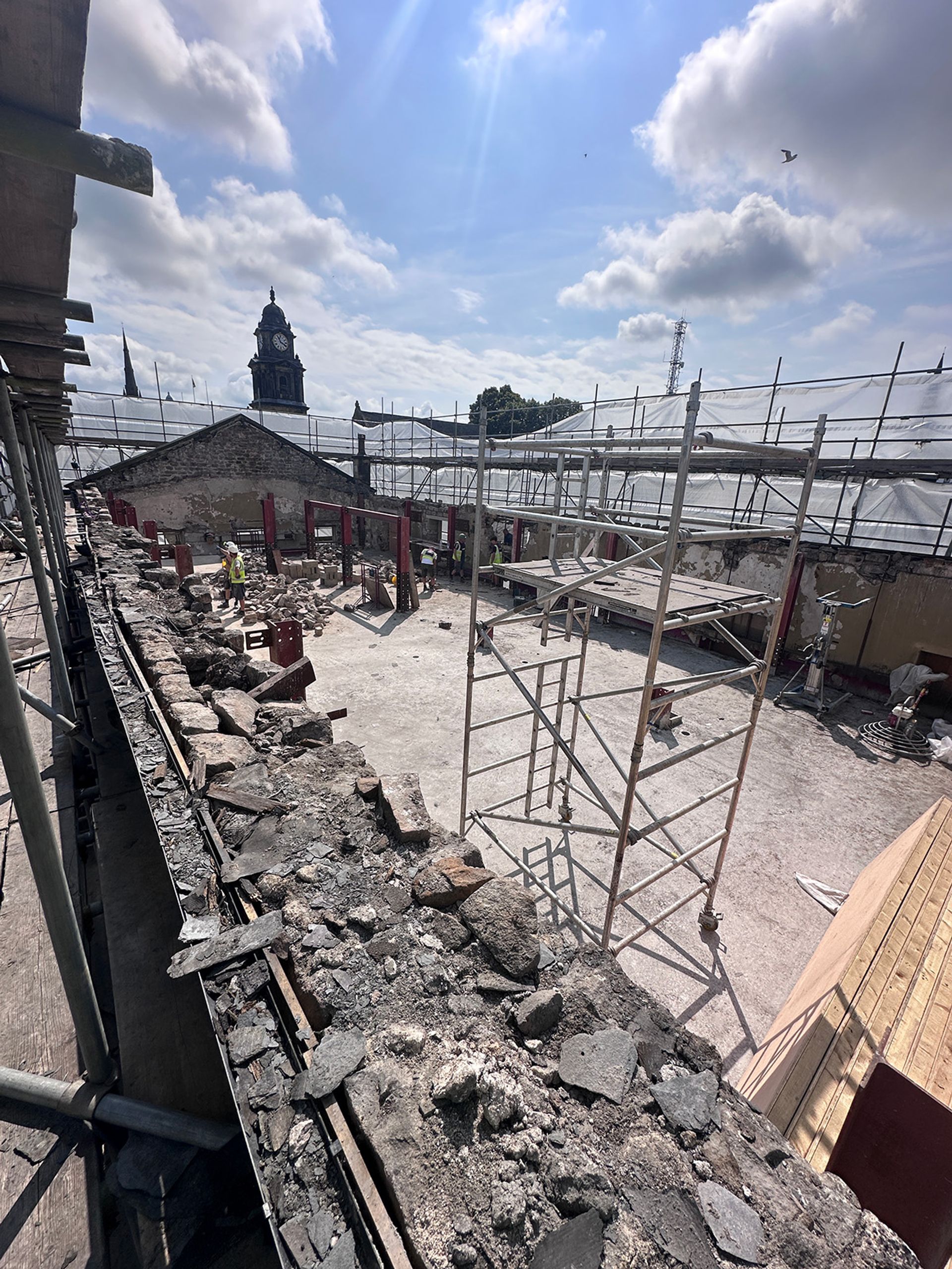Rooftop works in progress above Lancaster city centre.