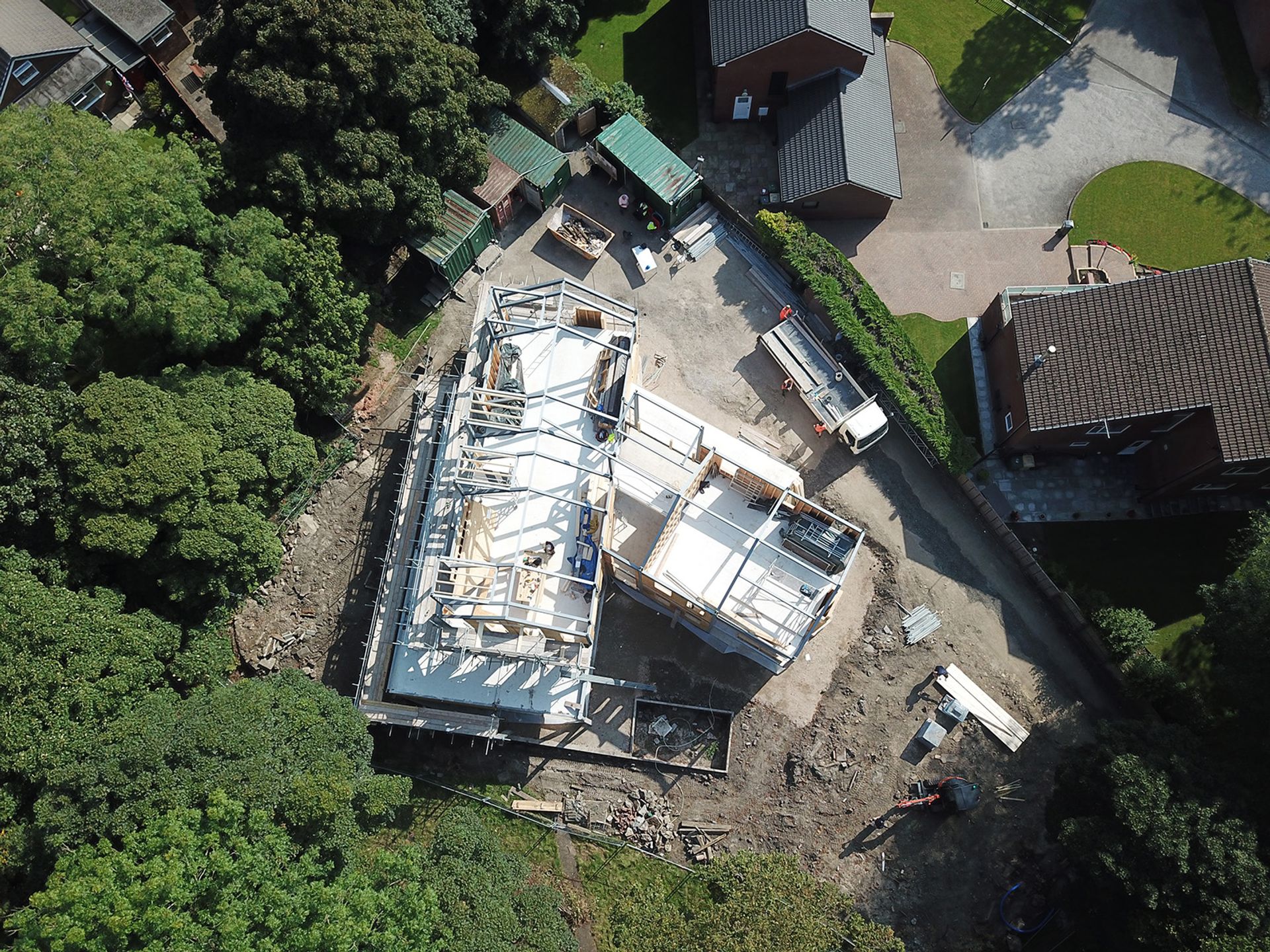 The steel frame of the new house at Moor Edge, Bolton, from above.