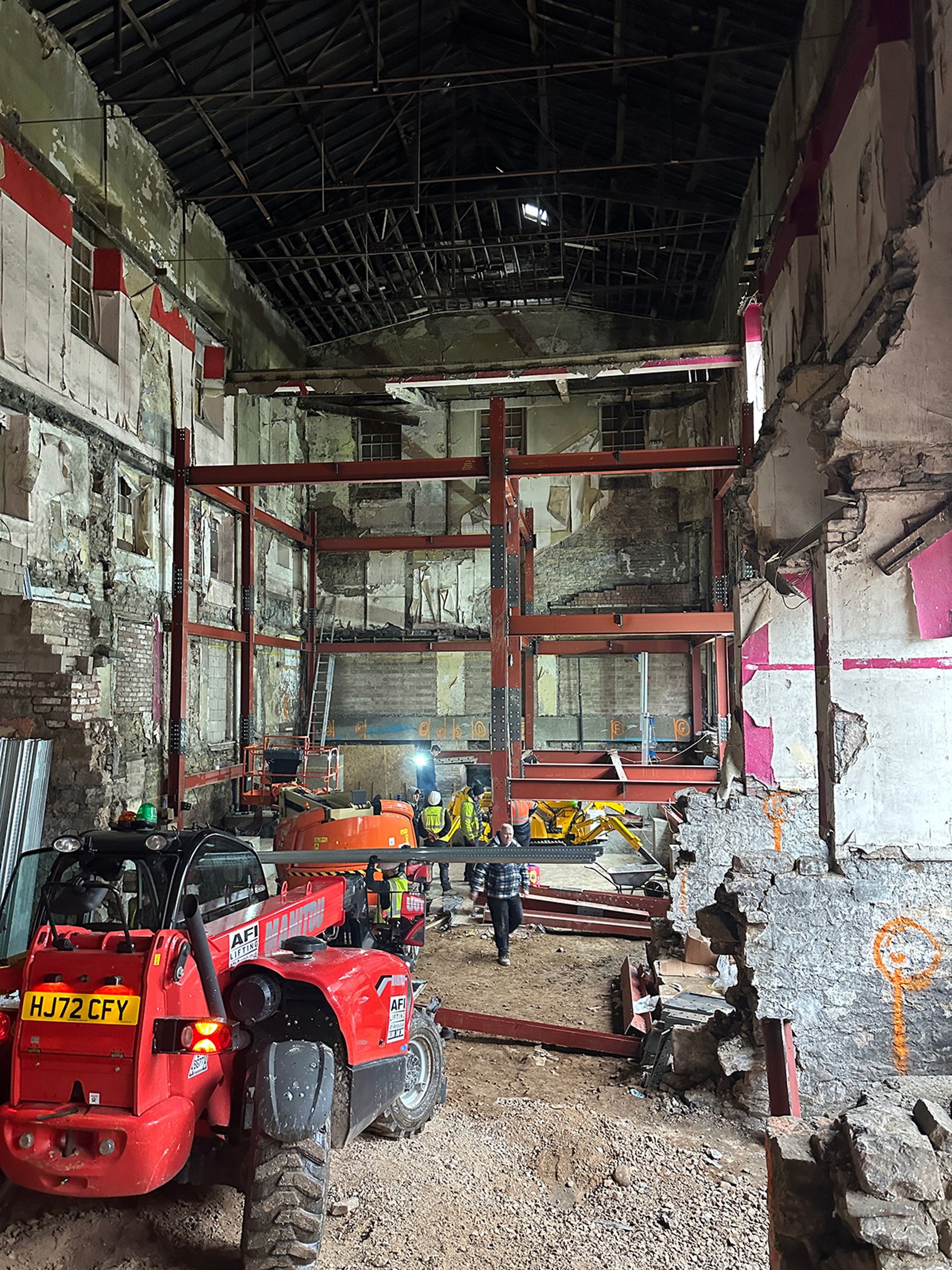 Steel beams in position across the internal floors.